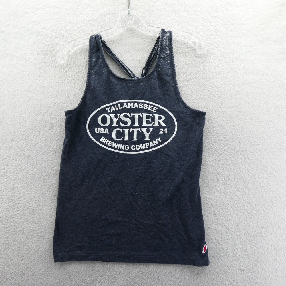 League Tank Top Women Medium Oyster City Brewing Company Navy Blue Knotted Back